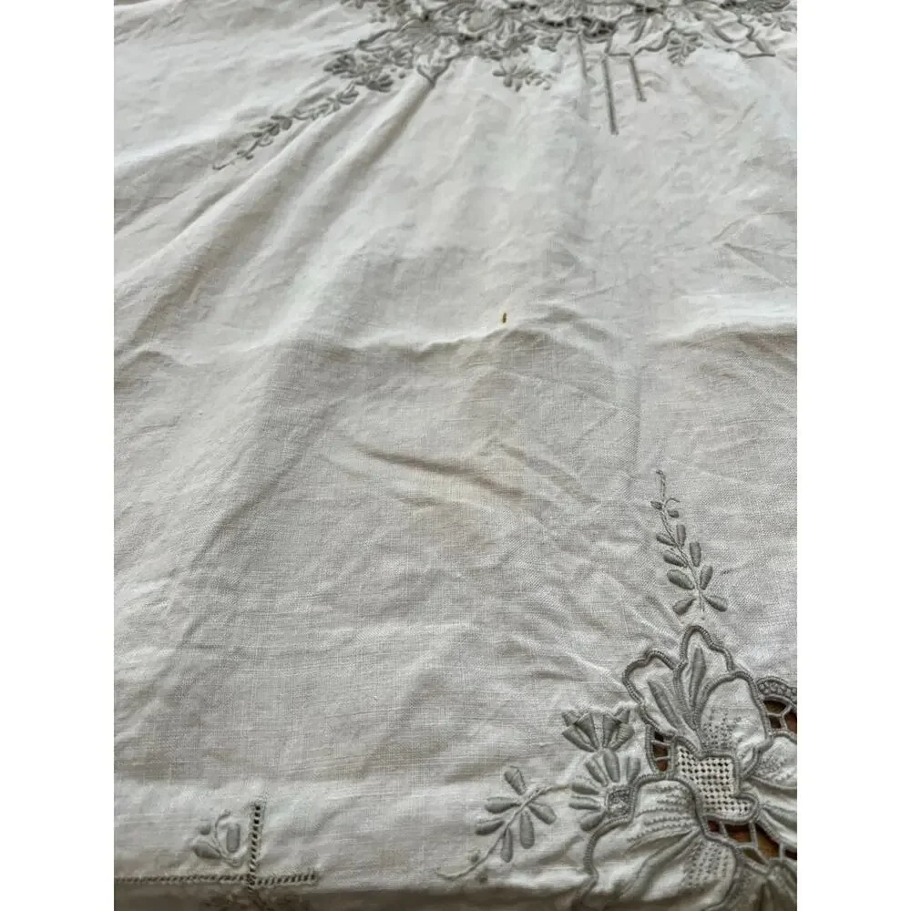 Vintage Hand Embroidery Floral Linen Tablecloth Ivory Rectangular 98